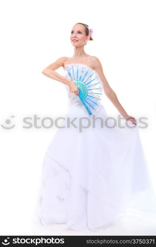 Wedding day. Full length young attractive romantic bride in white dress with blue fan isolated on white background