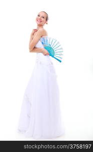 Wedding day. Full length young attractive romantic bride in white dress with blue fan isolated on white background