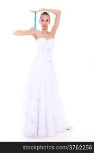Wedding day. Full length young attractive romantic bride in white dress with blue fan isolated on white background