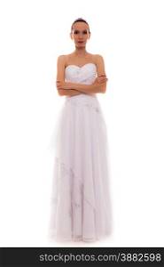Wedding day. Full length young attractive romantic bride in white gown isolated on white background
