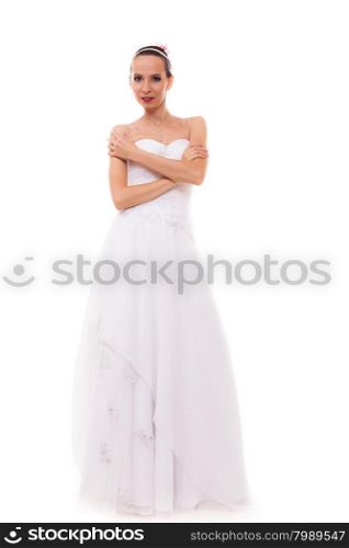 Wedding day. Full length young attractive romantic bride in white gown isolated on white background