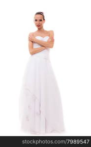 Wedding day. Full length young attractive romantic bride in white gown isolated on white background