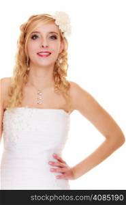 Wedding day. Portrait of happy blond woman young attractive bride isolated on white. Studio shot.