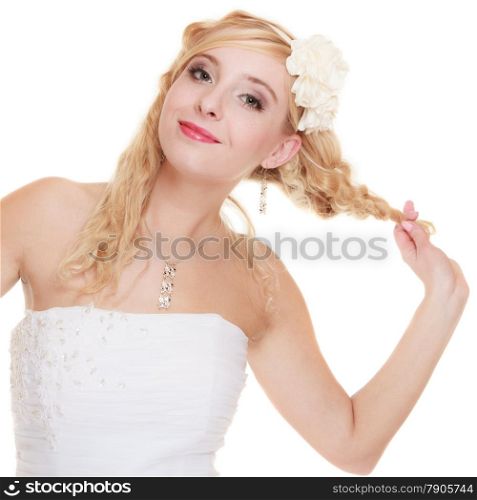Wedding day. Portrait of happy blonde woman young attractive bride in formal white gown isolated. Studio shot.