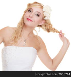 Wedding day. Portrait of happy blonde woman young attractive bride in formal white gown isolated. Studio shot.