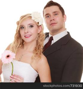 Wedding day. Portrait of happy bride and groom couple isolated on white. Man expressing his tender feelings.