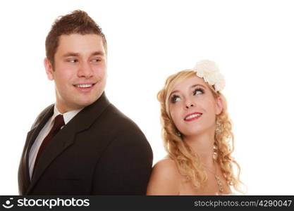 Wedding day. Portrait of happy couple bride and groom isolated on white background