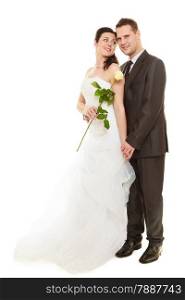 Wedding day. Portrait of romantic married couple. Full length studio shot white background.