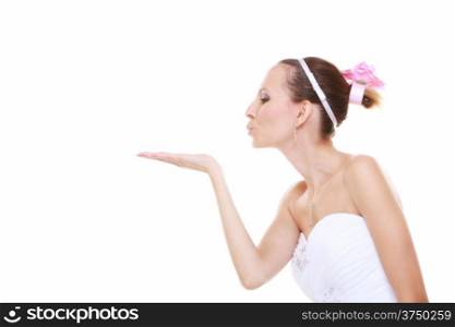 Wedding day. Young attractive romantic bride girl blowing a kiss isolated on white background