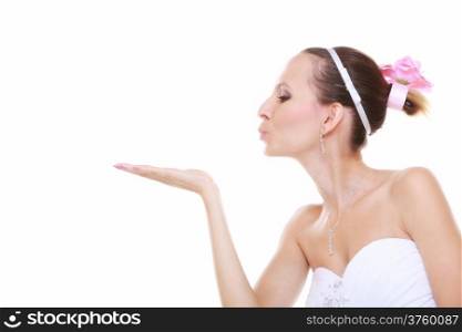 Wedding day. Young attractive romantic bride girl blowing a kiss isolated on white background
