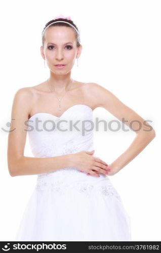 Wedding day. Young attractive romantic bride in white dress isolated on white background