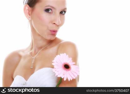 Wedding day. Young attractive romantic bride with pink flower gerbera daisy isolated on white background