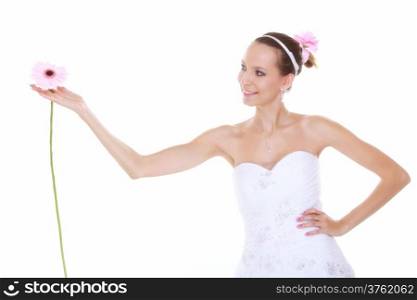Wedding day. Young attractive romantic bride with pink flower gerbera daisy isolated on white background