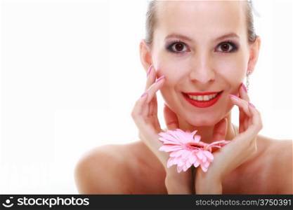 Wedding day. Young attractive romantic girl bride with pink flower gerbera daisy isolated on white background