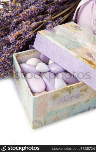 wedding favor with lavender flowers isolated on white background