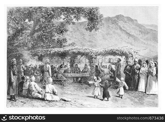 Wedding Feast in Zugdidi, Georgia, drawing by Pranishnikoff based on a photograph, vintage illustration. Le Tour du Monde, Travel Journal, 1881