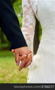 Wedding feelings. Couple holding hands. Natural green background.