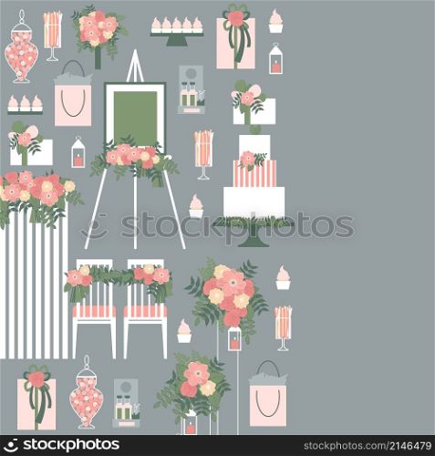 Wedding flowers, cake, decoration for chairs, bridal bouquet. Vector background. Wedding flowers, cake, decoration for chairs, bridal bouquet