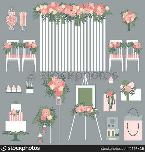 Wedding flowers, cake, decoration for chairs, bridal bouquet. Vector illustration.. Wedding flowers, cake, decoration for chairs, bridal bouquet