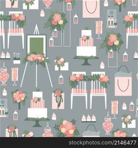 Wedding flowers, cake, decoration for chairs, bridal bouquet. Vector seamless pattern. Wedding flowers, cake, decoration for chairs, bridal bouquet