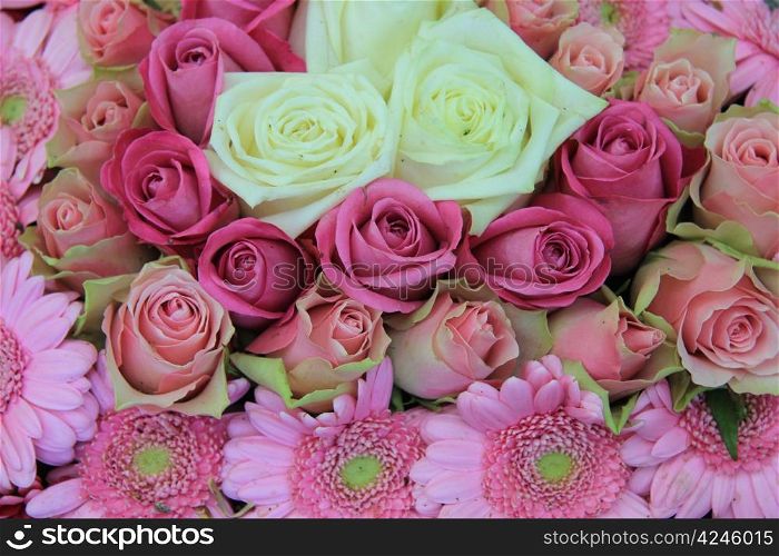 wedding flowers, white and pink flower arrangement, roses and gerberas