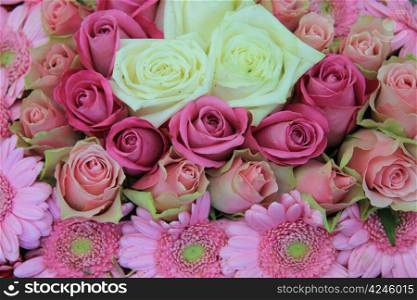 wedding flowers, white and pink flower arrangement, roses and gerberas