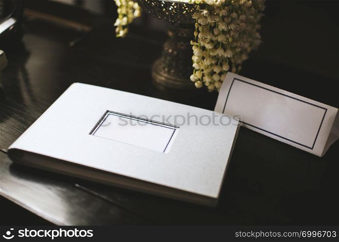 Wedding guest embossed sign book mock-up with empty label