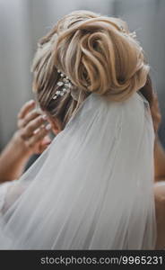 Wedding hairstyle as a work of art.. Close-up photo of the brides wedding hairstyle from behind 2451.