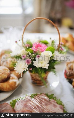 Wedding handmade decorations at restaurant with all beauty and flowers.. Wedding table decorations at restaurant with all beauty and flowers