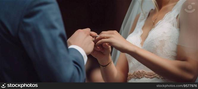 Wedding hands of the bride and groom ceremonially put wedding rings on their fingers. Header banner mockup with copy space. AI generated.. Wedding hands of the bride and groom ceremonially put wedding rings on their fingers. AI generated.