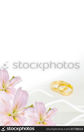 wedding invitation or greeting card blank with lily flowers and golden rings