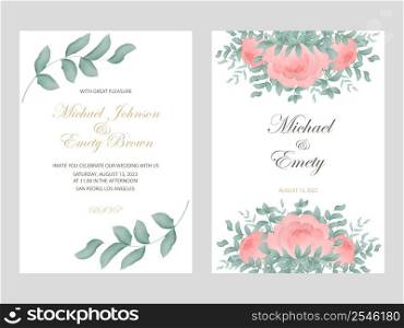 Wedding invitation template with peonies and foliage. Engagement greeting card with watercolor flowers and greenery. Elegant floral rustic frames. Card set isolated vector illustration. Wedding invitation template with peonies and foliage