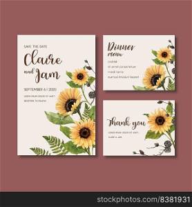 Wedding Invitation watercolour design with beautiful sunflower theme, warm vector illustration 