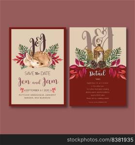 Wedding Invitation watercolour design with classic wild Autumn theme, red-toned vector illustration 