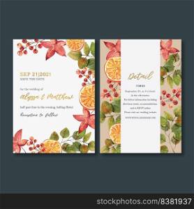 Wedding Invitation watercolour design with colourful Autumn theme, warm vector illustration 