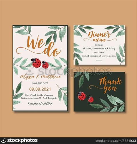 Wedding Invitation watercolour design with contrast foliage theme. Fun and cute design