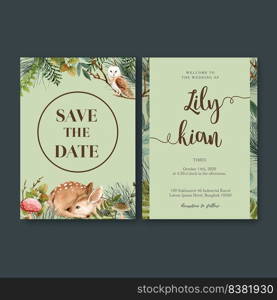 Wedding Invitation watercolour design with forest cool-toned theme vector illustration 