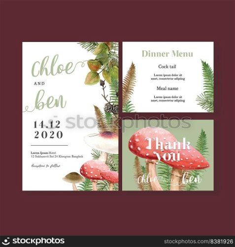 Wedding Invitation watercolour design with mushrooms and leaves decoration vector illustration 