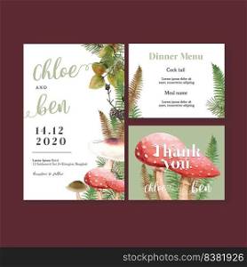 Wedding Invitation watercolour design with mushrooms and leaves decoration vector illustration 