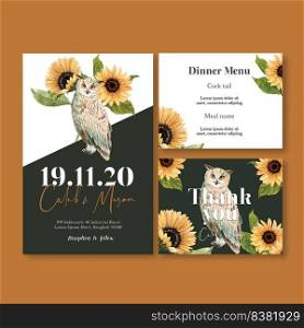 Wedding Invitation watercolour design with sunflower and owls decoration vector illustration 