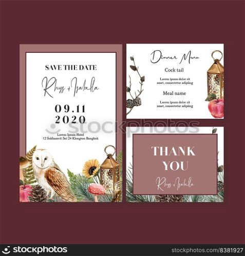 Wedding Invitation watercolour design with sunflower and owls theme vector illustration 
