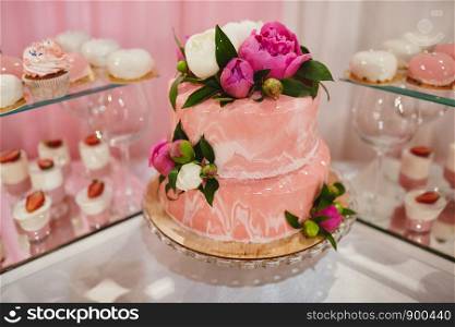 Wedding pink cake for wedding day.. Wedding pink cake with flowers for wedding day.