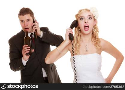 Wedding relationship difficulties. Angry woman and drunk man talking on the phone. Couple bride and groom quarrelling isolated on white. Addiction and alcoholism.