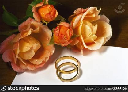 Wedding rings and roses on a dark background