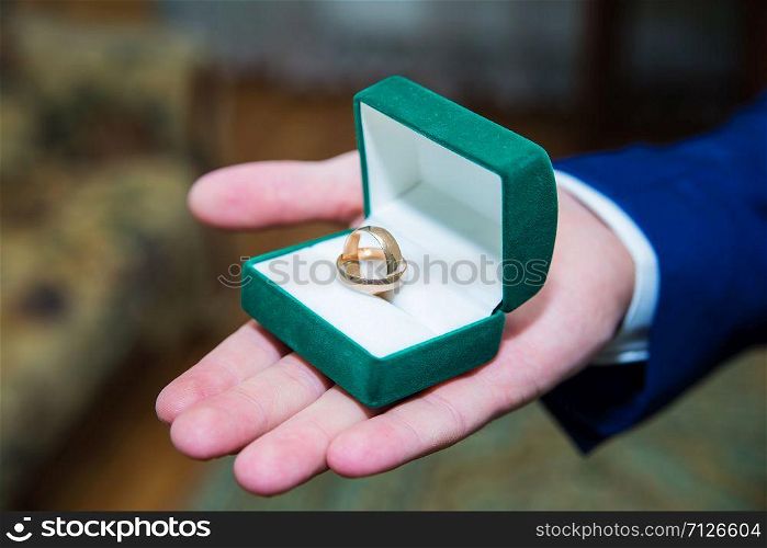 wedding rings in a box holding the groom. ring in a box
