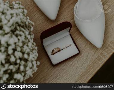 Wedding rings in a red velvet box, a bouquet of white boutonnieres and women"s shoes lie on a wooden table, close-up top view.. Wedding rings, flowers and shoes on the table.
