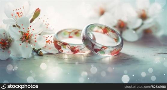 Wedding Rings of love and romance dreamy pastel background , red hearts valentine days , greetings cards congratulations , Generate Ai