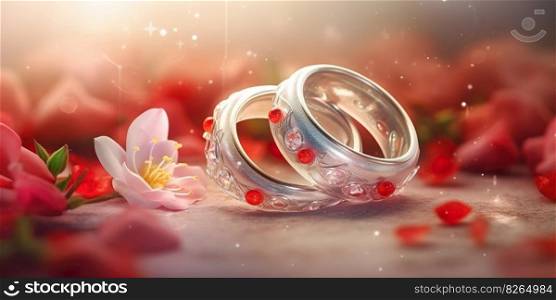 Wedding Rings of love and romance dreamy pastel background , red hearts valentine days , greetings cards congratulations , Generate Ai