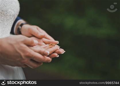 Wedding rings on the hands of the bride and groom.. The bride and groom hold the rings in their hands 2611.