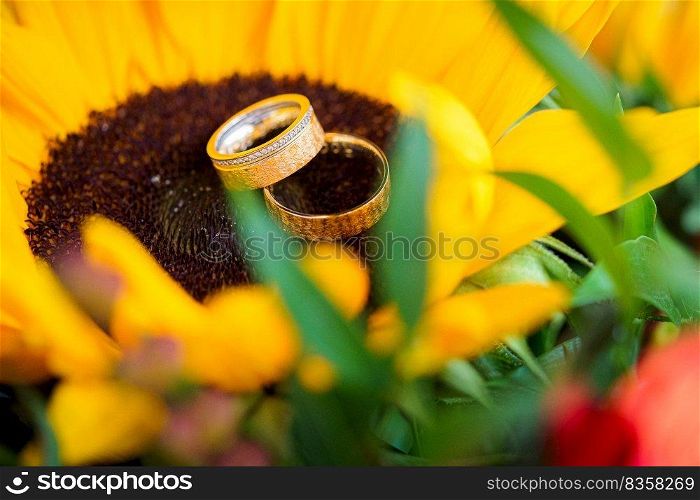 wedding rings on the yellow bride bouquet.Declaration of love, spring. Wedding card, Valentine’s Day greeting. Wedding rings. Wedding bouquet, background. Wedding rings on the yellow bride bouquet.